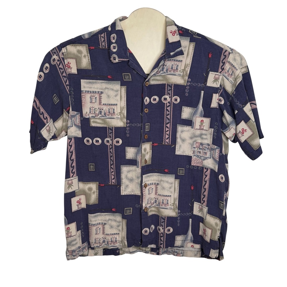Bohio by JMP Mens Navy Blue 100% Silk Mediterranean Print Camp Shirt Medium